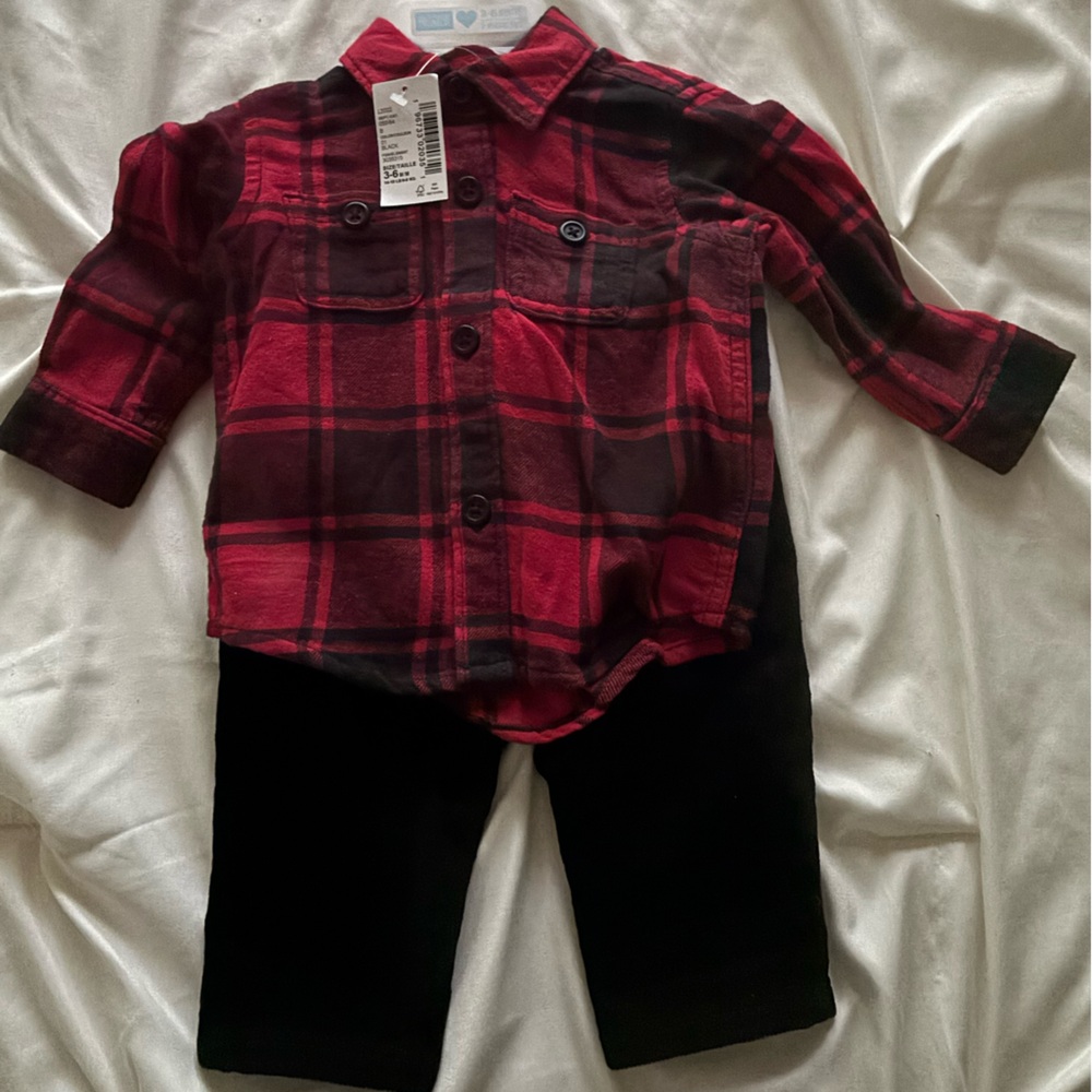 The Children's Place Red and Black Matching Set Cozy Plaid and Velvet